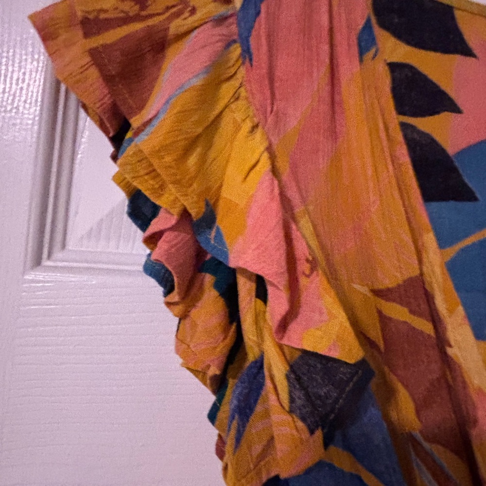 Angie..Ruffle Sleeve Wrap Dress Pink,Blue & Mustard Floral Long Braided Sash